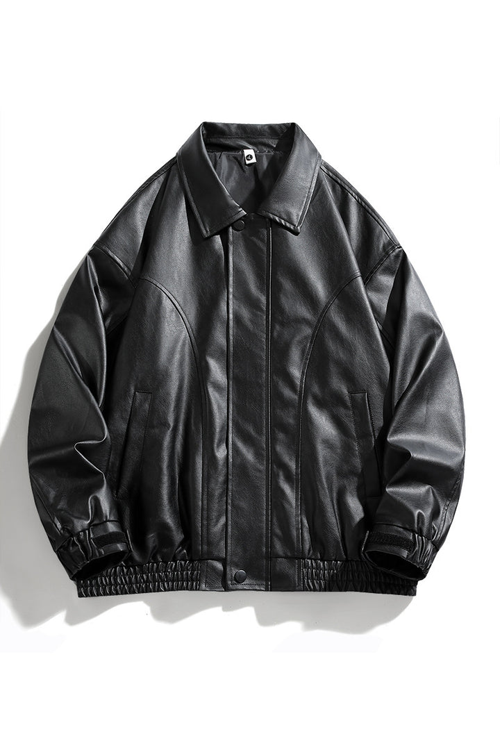 Men's Synthetic Leather Jacket with Elastic Waistband and Practical Side Pockets Lisslune