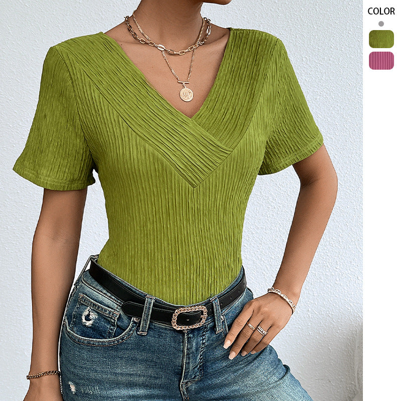 Women's casual V-neck shirt with flowing design and short sleeves Lisslune