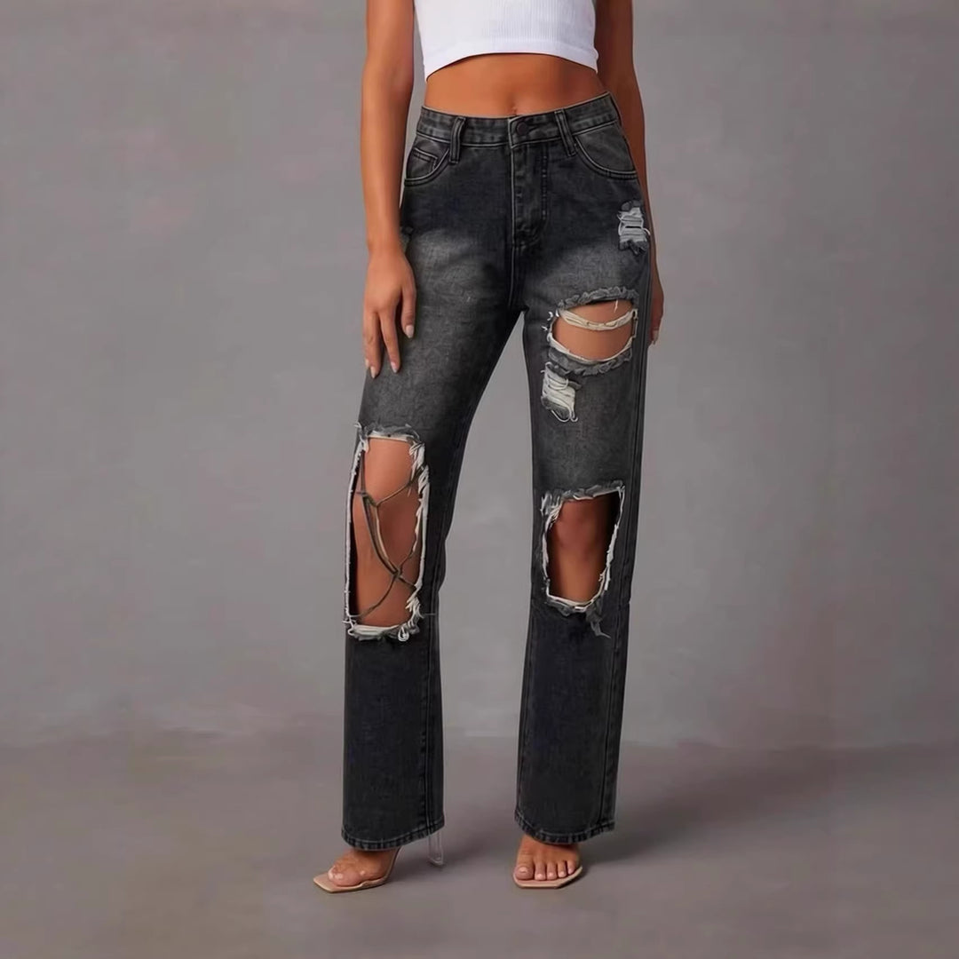 Women's distressed Mom Jeans with trendy cut-out details Lisslune