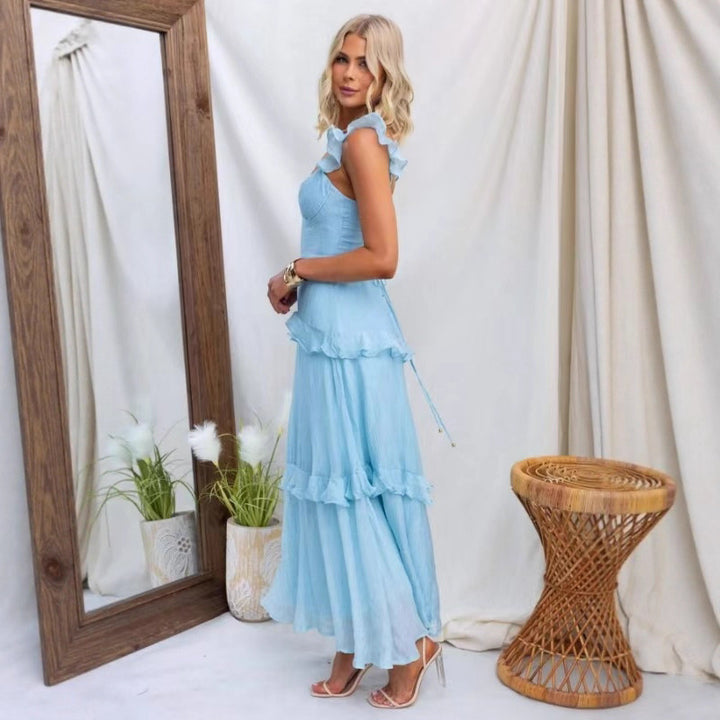 Women's maxi dress with ruffle details and fitted silhouette Lune London