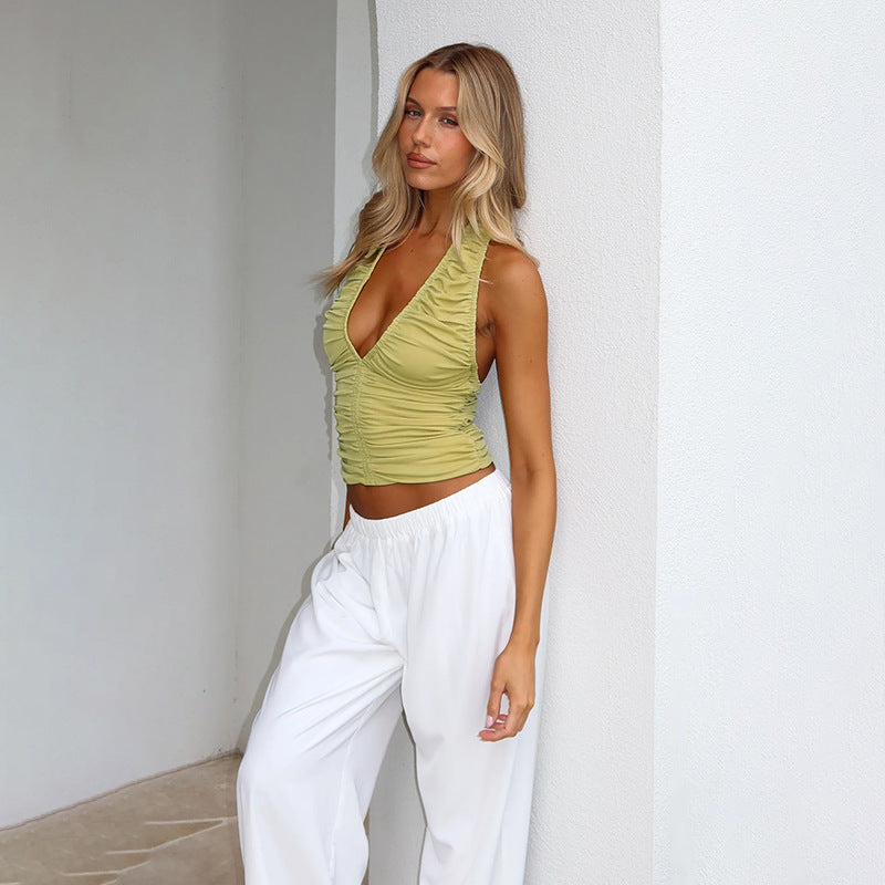 Women's Elegant Padded Top with Deep V-Neck and Ruffles
