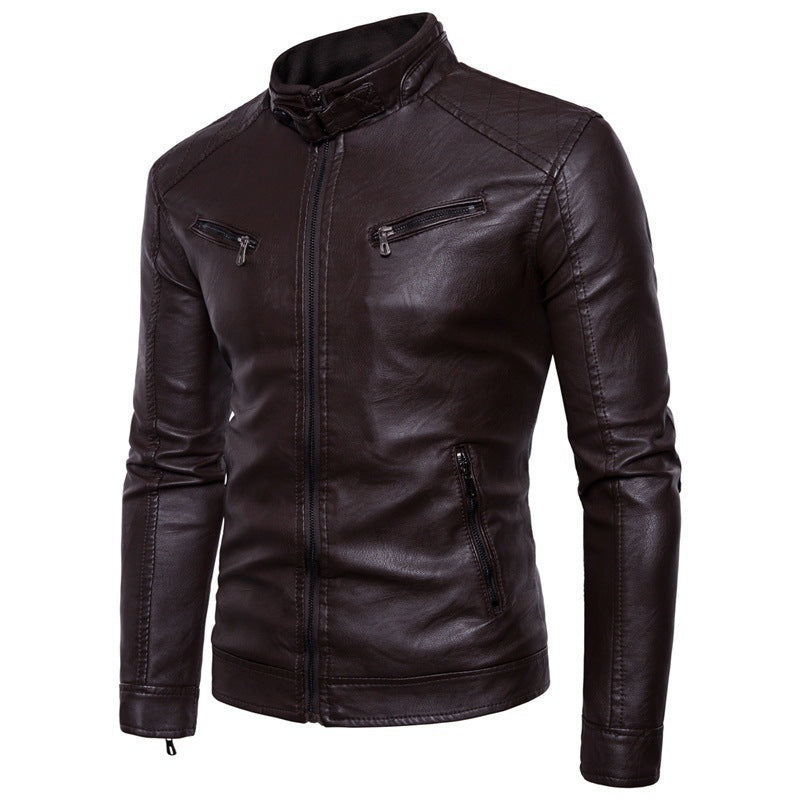 Men's elegant synthetic leather motorcycle jacket with stand-up collar Lisslune