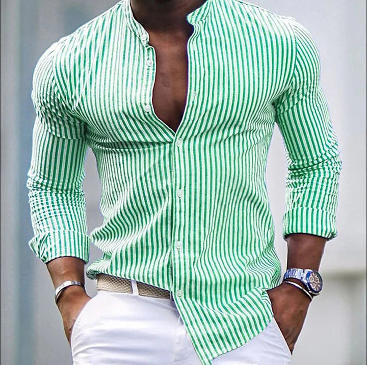Men's long-sleeve shirt with modern stand-up collar and fine stripe structure Lisslune