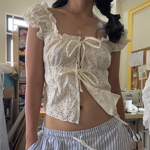 Damen Rüschenshirt mit tiefer Taille und Bindebändern Lisslune