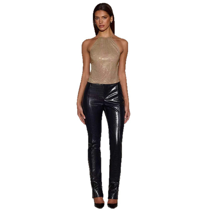 Women's Sparkling Top with Narrow Halter Design and Shimmering Accents Lisslune