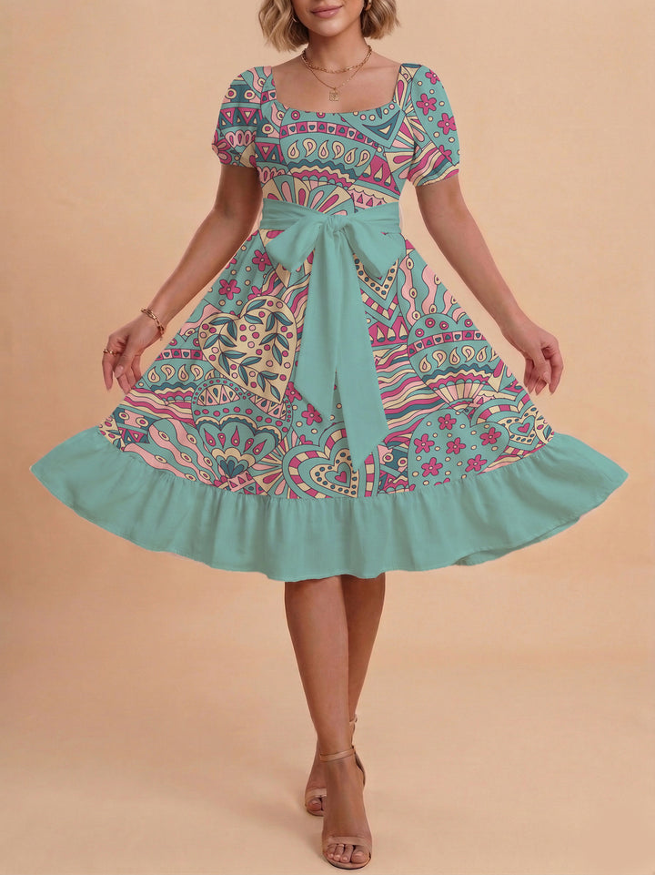 Women A-line dress with floral motifs and adjustable belt Lisslune