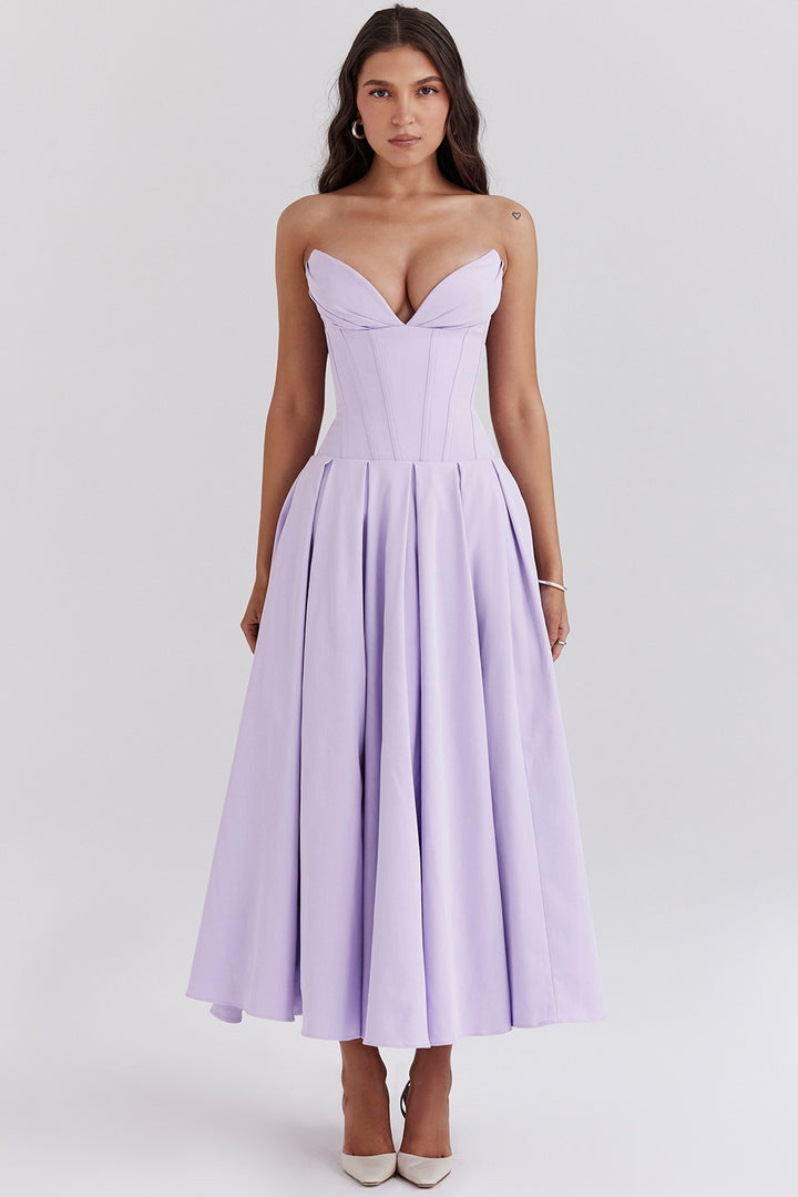 Women's A-line evening dress with corset top and flared skirt