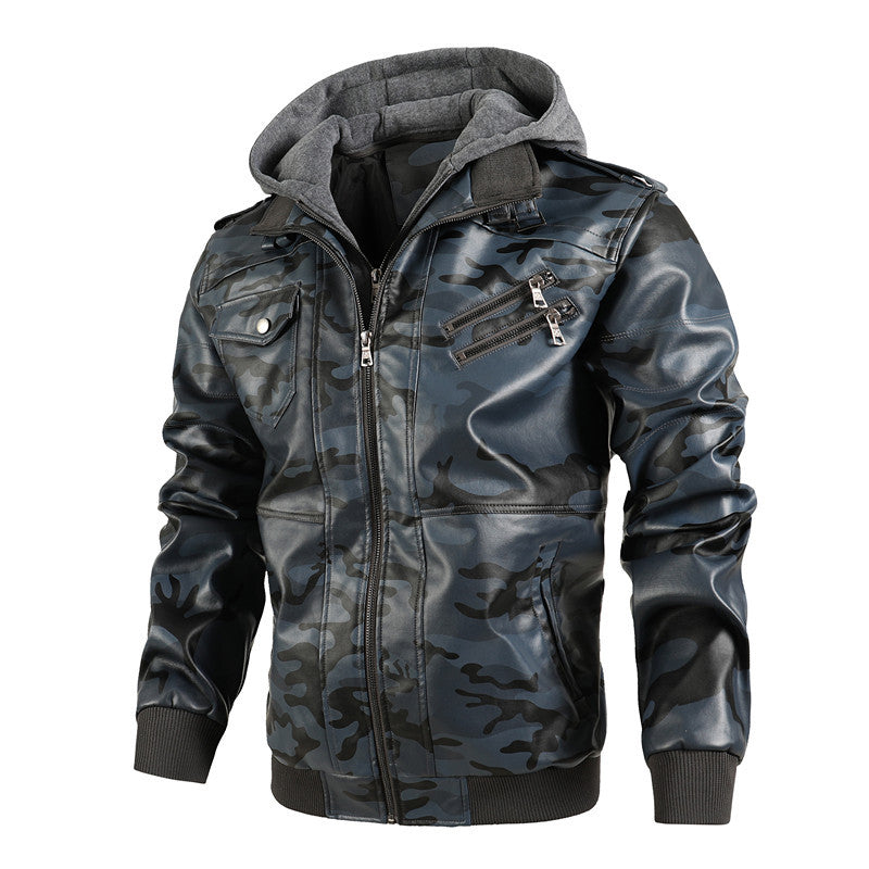 Men's Synthetic Leather Jacket with Removable Hood and Multifunctional Pockets Lisslune