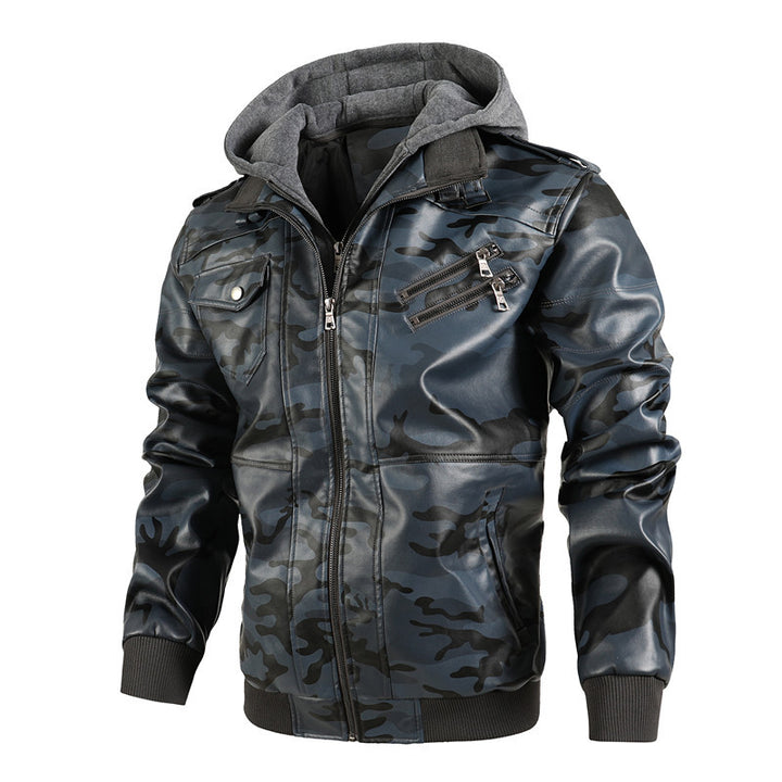 Men's Synthetic Leather Jacket with Removable Hood and Multifunctional Pockets Lisslune