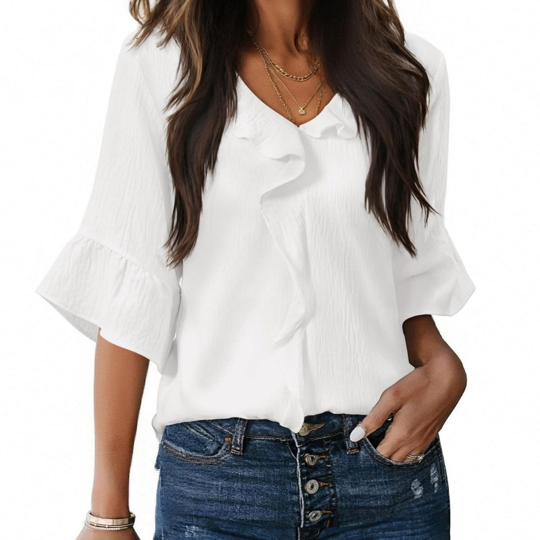 Women's Airy Blouse Shirt with Ruffle Details and V-Neck Lisslune