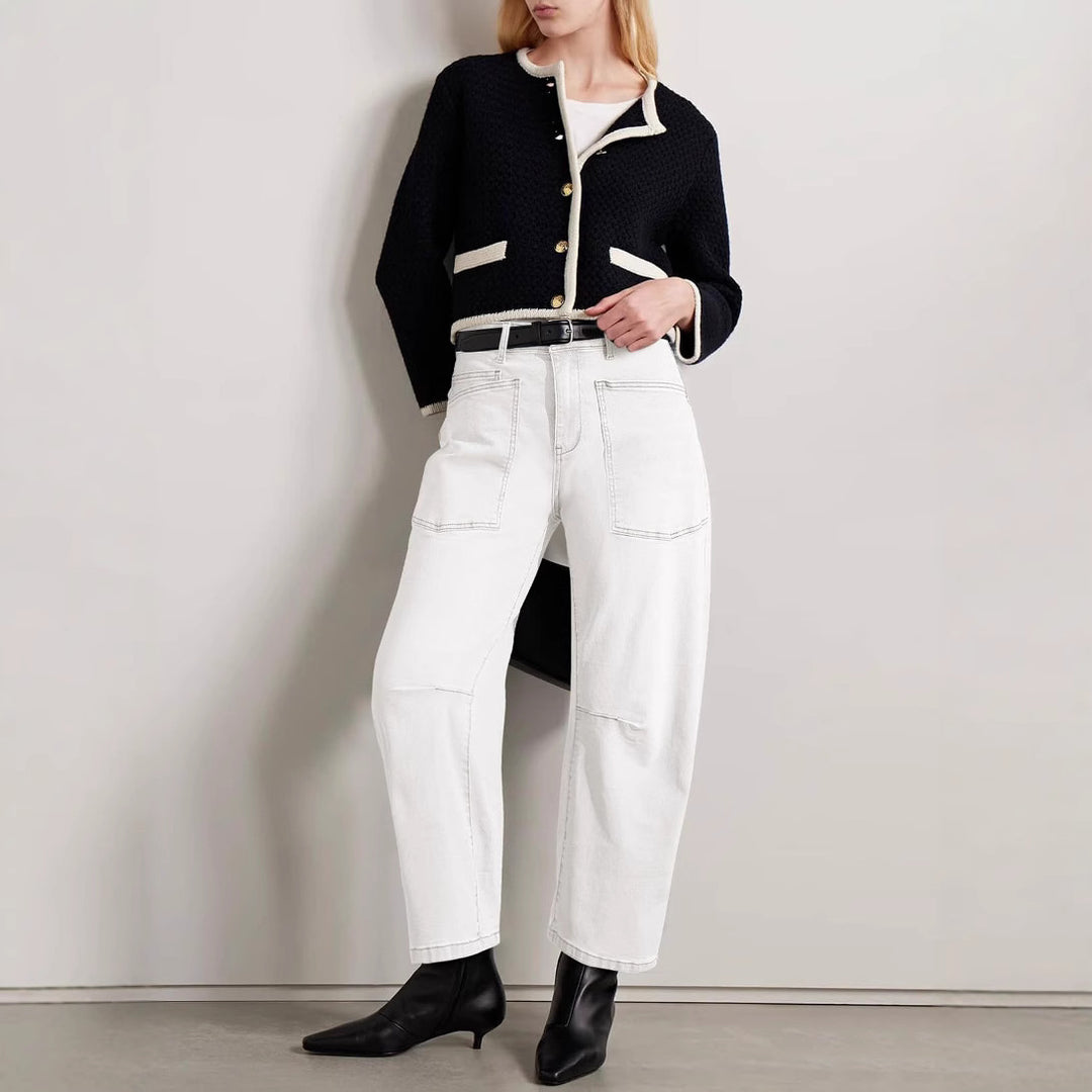 Women's mid-rise denim pants with unique patched pockets Lisslune