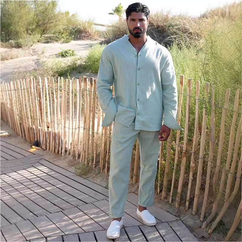 Men's casual linen outfit with button placket and elastic waistband Lisslune