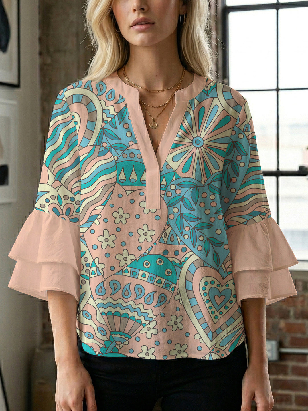Ladies elegant top with voluminous ruffle hems and floral design Lisslune