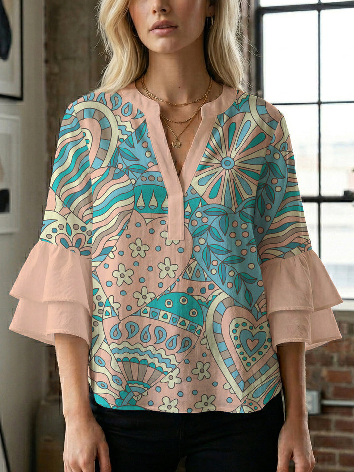 Ladies elegant top with voluminous ruffle hems and floral design Lisslune