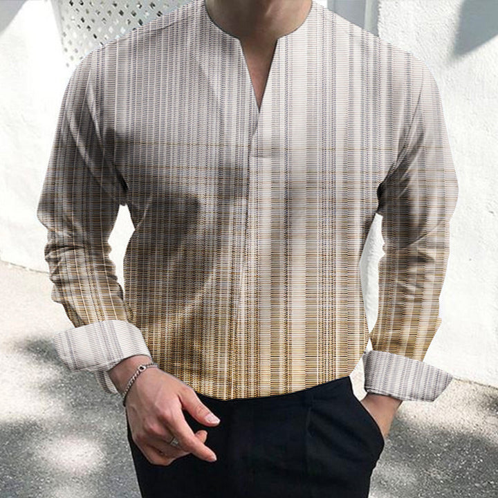 Men's long sleeve shirt with modern V-neck and textured stripe pattern Lisslune