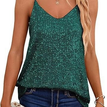 Women's Sparkling Spaghetti Strap Top with V-Neck and Shimmering Details Lisslune