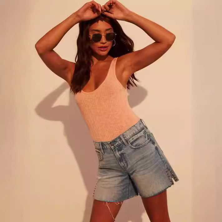 Women's fashionable destroyed denim shorts with stud embellishment Lisslune