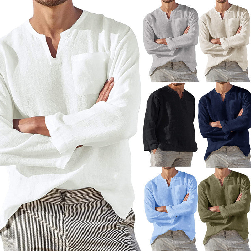 Men's linen shirt with casual V-neck and practical chest pocket Lisslune