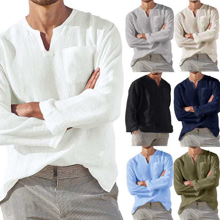 Men's linen shirt with casual V-neck and practical chest pocket Lisslune