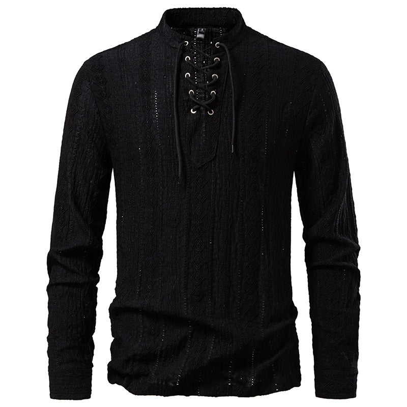 Men's long sleeve shirt with unique textured pattern and drawstring Lisslune