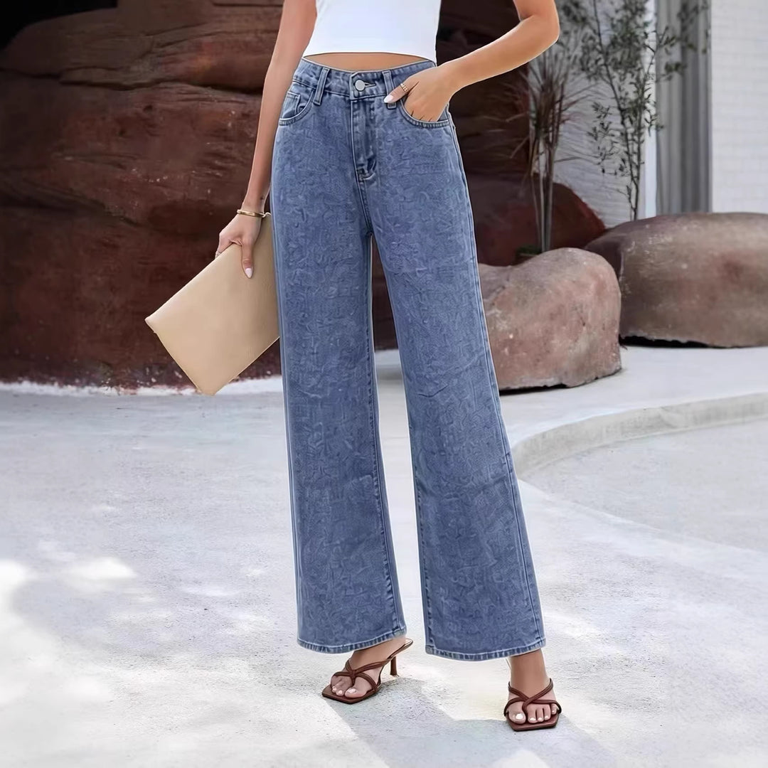 Damen Weite High-Waist Jeans mit klassischem Schnitt und ausgefransten Säumen Lisslune