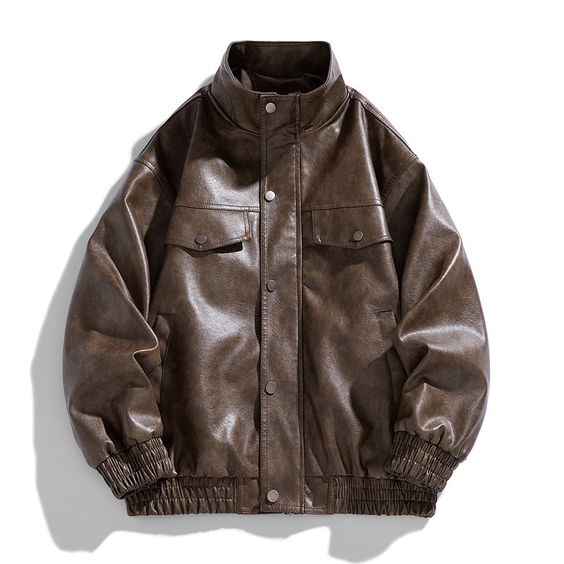 Men's Casual Synthetic Leather Jacket with Practical Snap Buttons and Elastic Waistband Lisslune