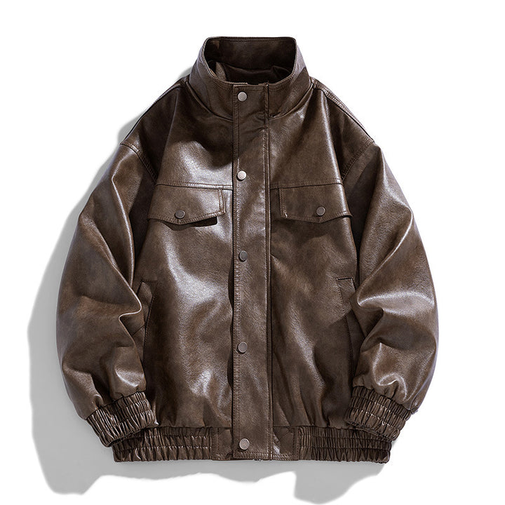 Men's Casual Synthetic Leather Jacket with Practical Snap Buttons and Elastic Waistband Lisslune