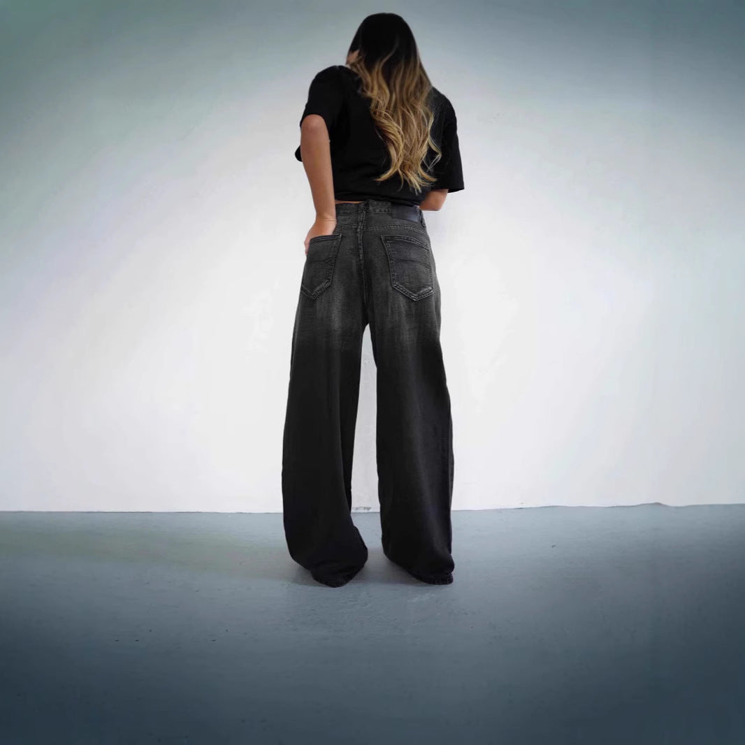Women's loose high-waist jeans with trendy gradient and wide leg Lisslune