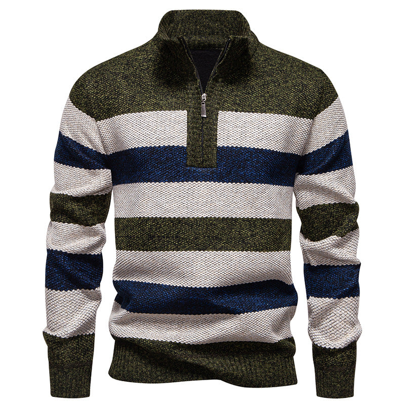 Men's stylish knit sweater with a half-high collar and contrasting stripes Lisslune