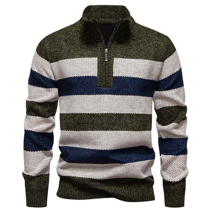Men's stylish knit sweater with a half-high collar and contrasting stripes Lisslune