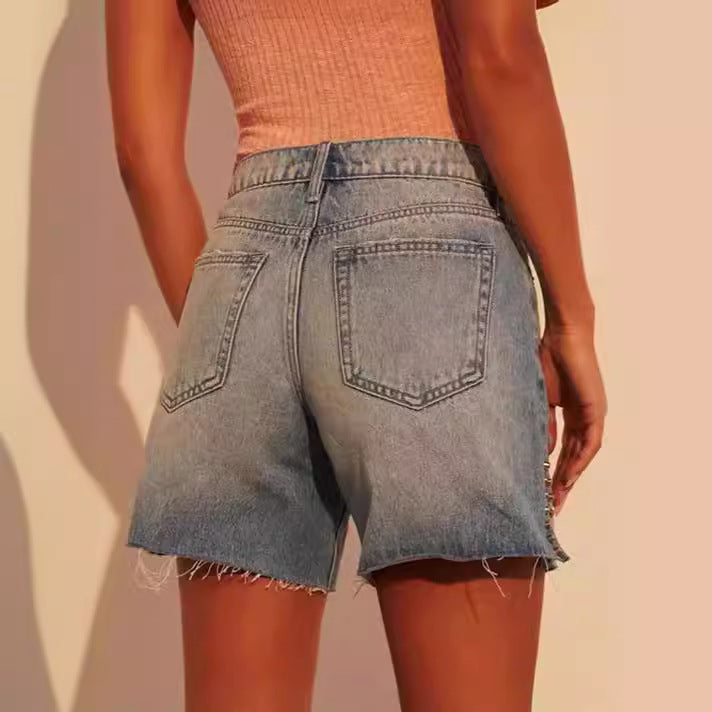 Women's fashionable destroyed denim shorts with stud embellishment Lisslune