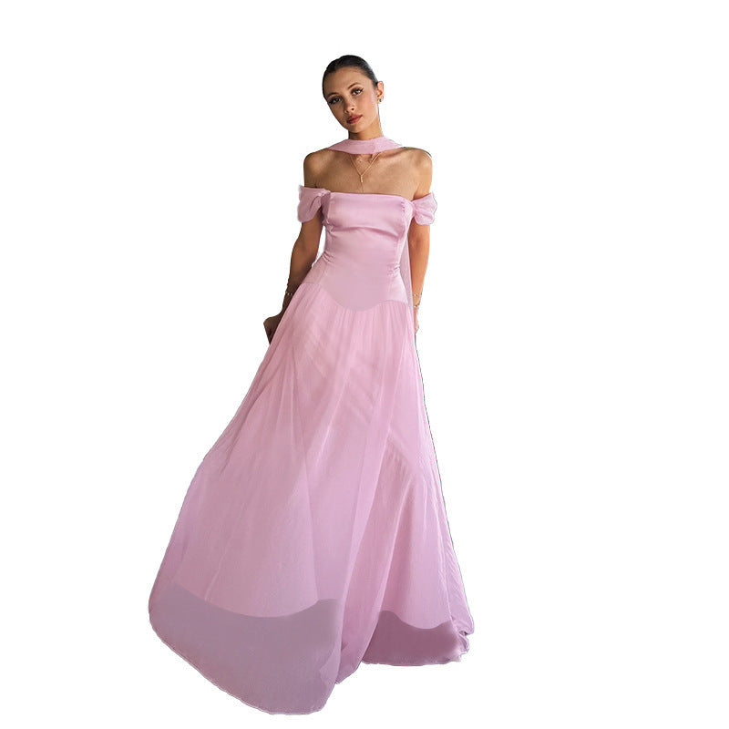 Women's Elegant Evening Dress with Off-Shoulder Puff Sleeves and Choker