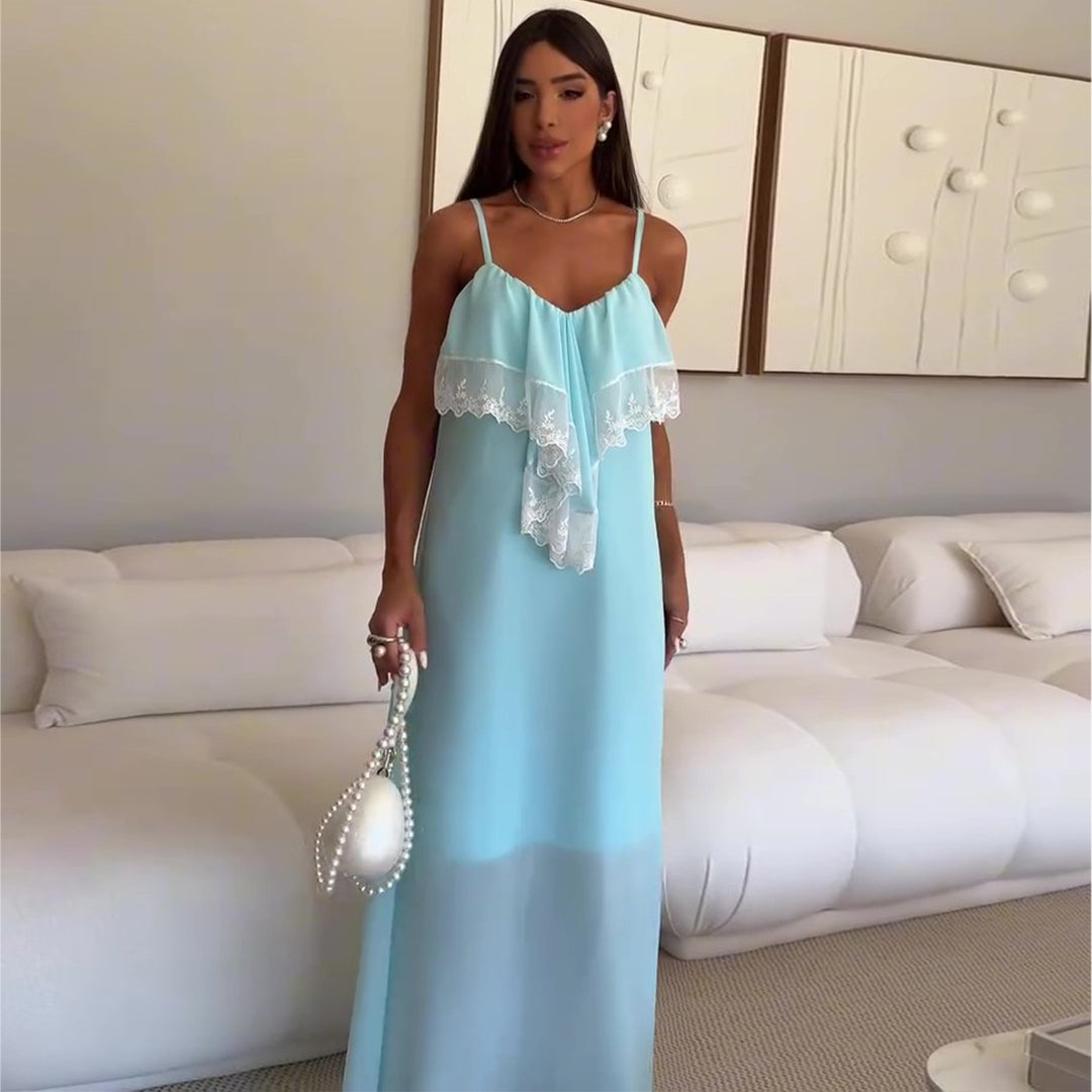 Women's maxi nightdress with delicate lace trim and fine straps