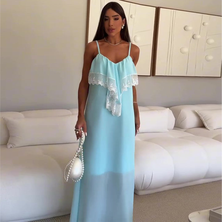 Women's maxi nightdress with delicate lace trim and fine straps