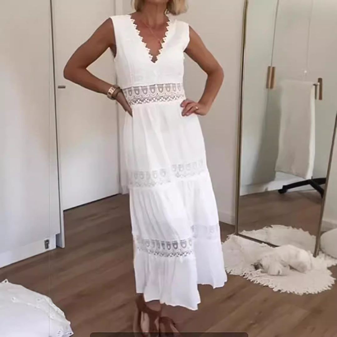 Women's elegant maxi dress with lace accents and low back part