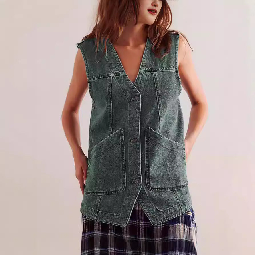 Women's denim overalls jacket with practical pockets and stylish V-neck Lisslune