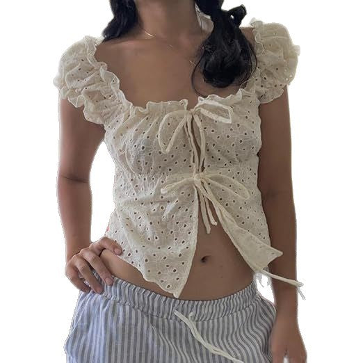 Damen Rüschenshirt mit tiefer Taille und Bindebändern Lisslune