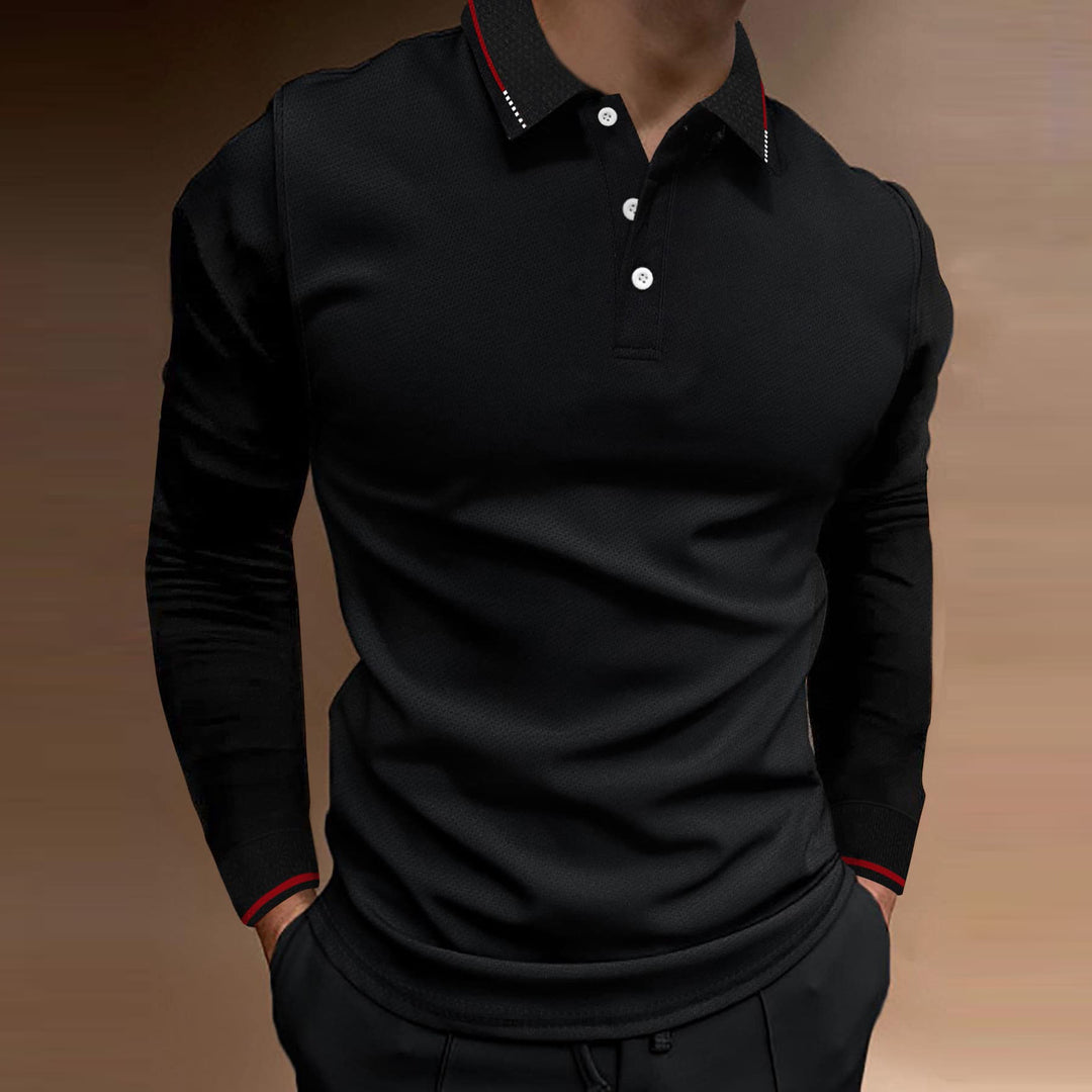 Men's Long Sleeve Polo Shirt with Textured Design Lisslune