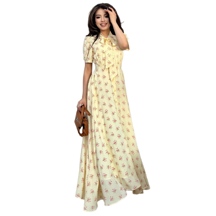 Women's maxi dress with elegant bow tie and romantic flower pattern Lisslune