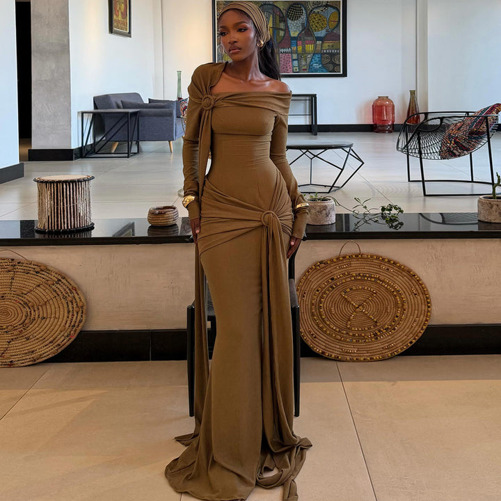 Women's Long-Sleeved Evening Dress with Asymmetrical Cut and Sophisticated Draping Lisslune