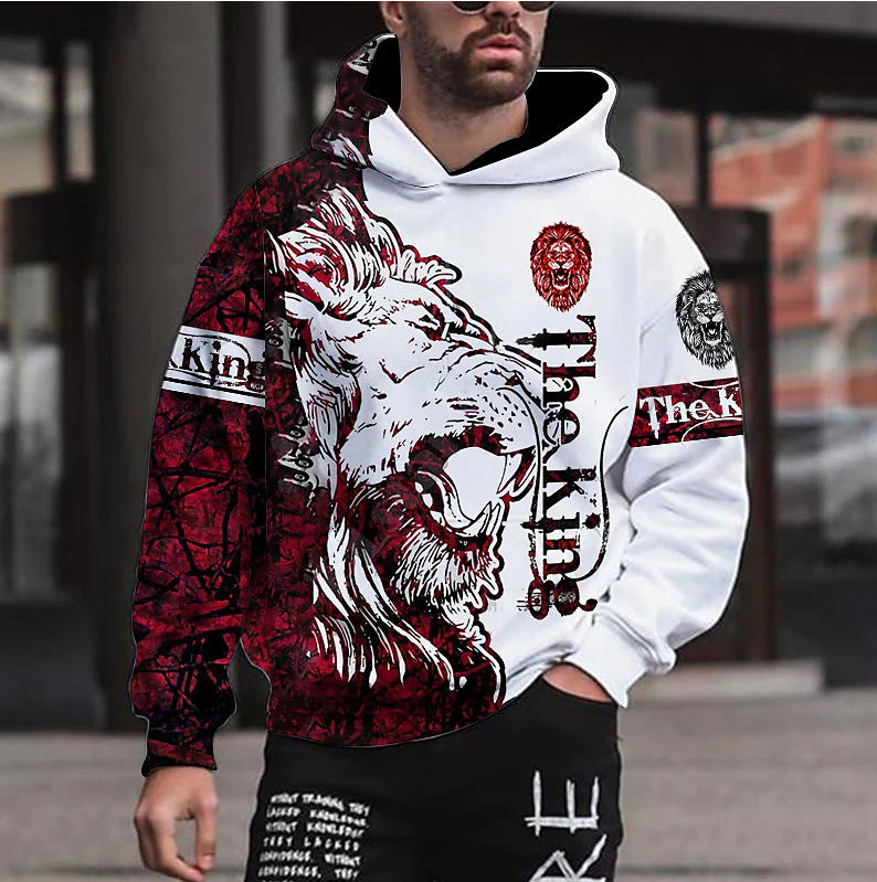Men's hooded sweatshirt with striking lion motif and creative graphics Lisslune