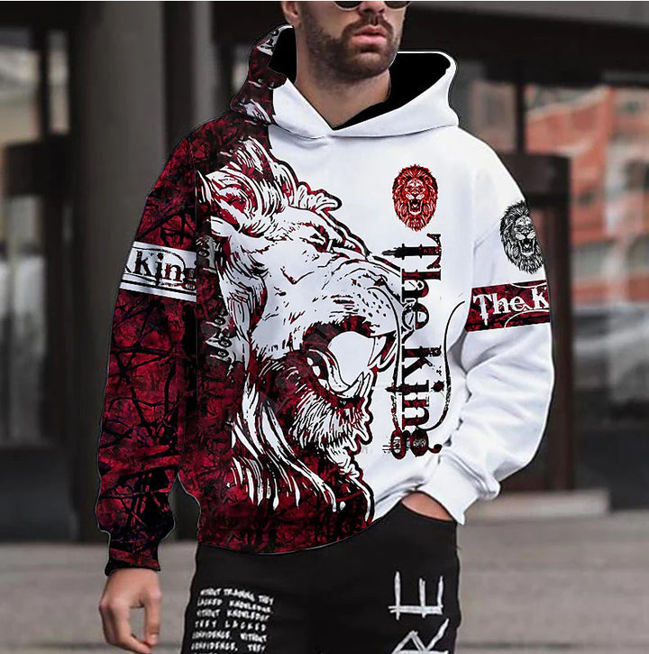Men's hooded sweatshirt with striking lion motif and creative graphics Lisslune