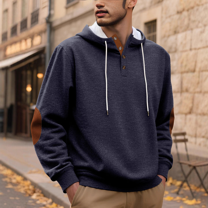 Men's hooded sweatshirt with modern button placket design and reinforced elbow patches Lisslune