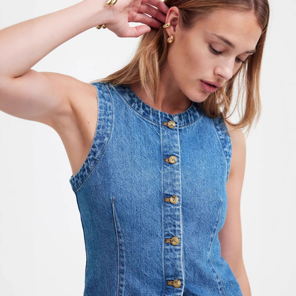 Women's jeans vest with asymmetrical cut and decorative buttons Lisslune