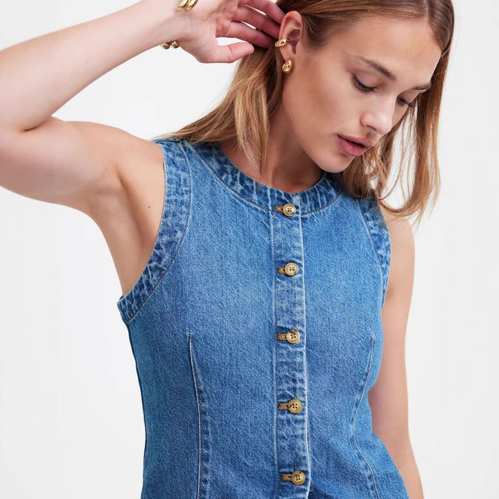 Women's jeans vest with asymmetrical cut and decorative buttons Lisslune