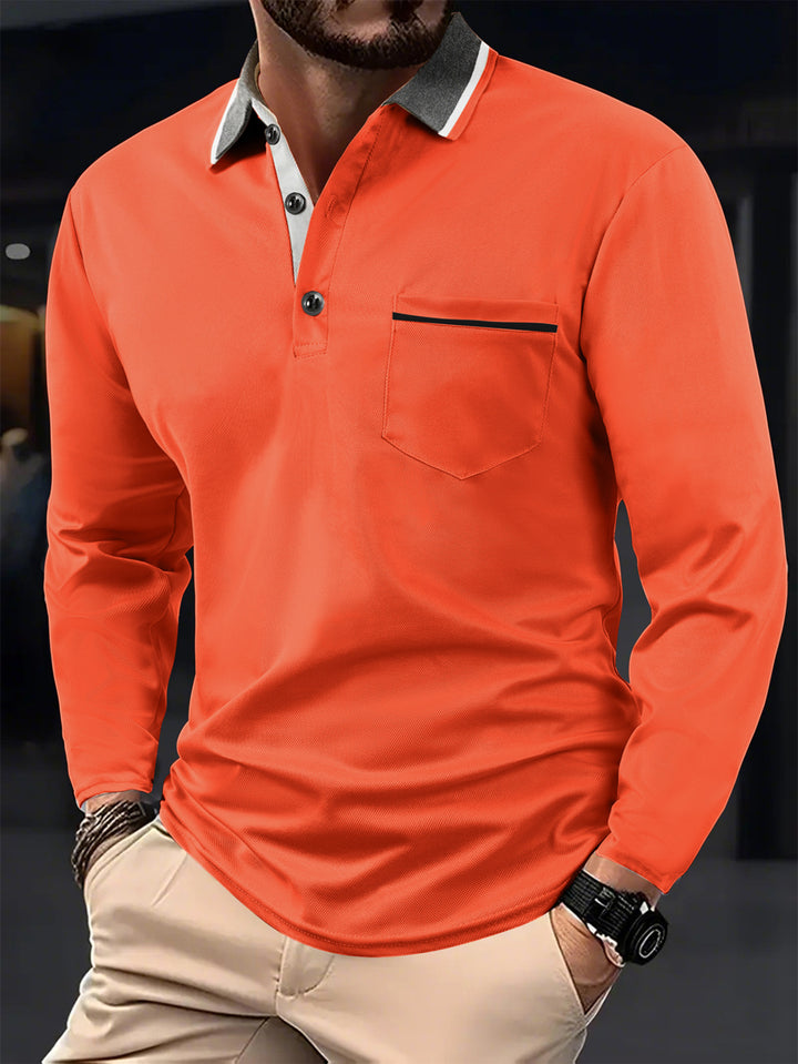 Men's Long Sleeve Polo Shirt with Textured Collar and Chest Pocket Lisslune
