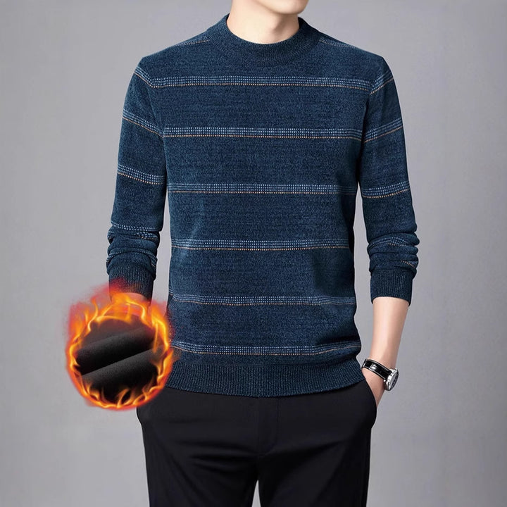 Men's elegant crew neck sweater with fine stripe pattern and warming inner lining Lisslune
