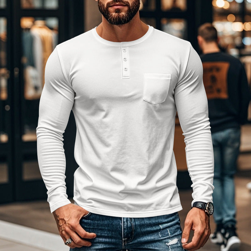 Men's long-sleeved Henley shirt with textured cotton surface and chest pocket Lisslune
