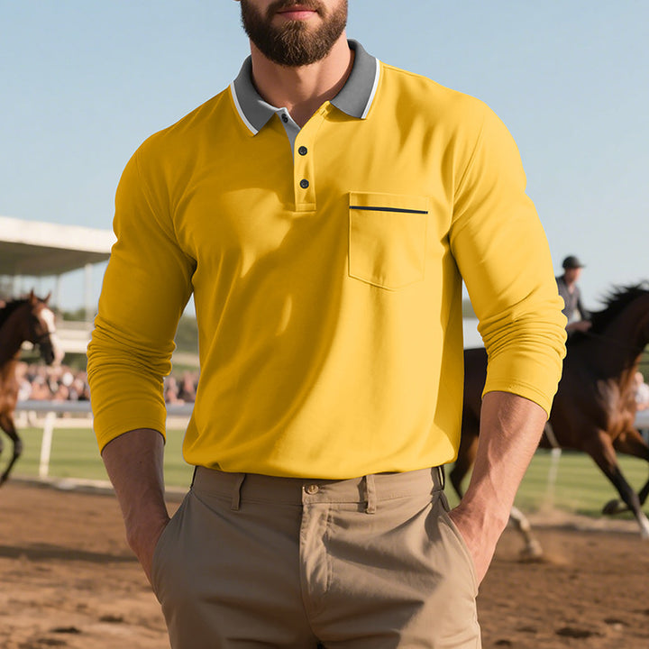 Men's long-sleeved polo shirt with elegant button placket and practical breast pocket Lisslune