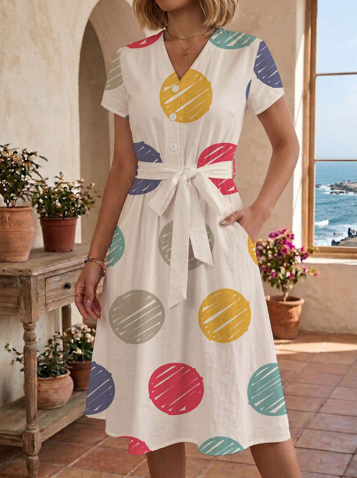 Women's casual maxi dress with adjustable knot and decorative check pattern Lisslune